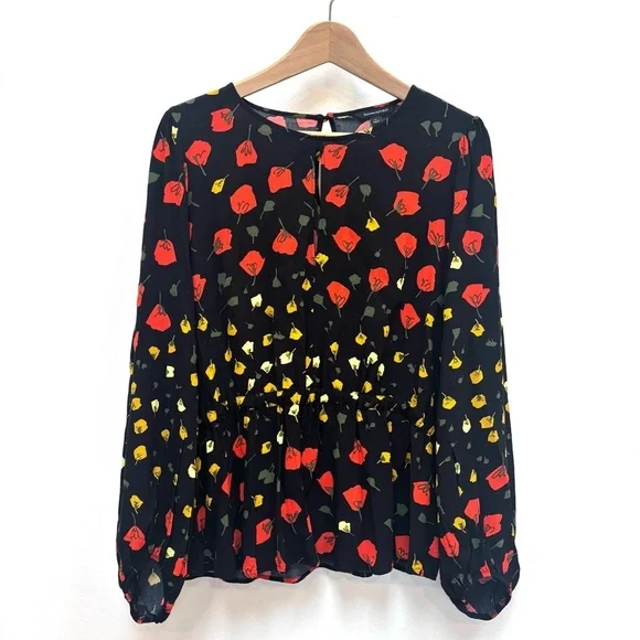 Banana Republic Dark Floral Keyhole Peplum Top Boho Rose Petal Black Red Size XL - Picture 2 of 9